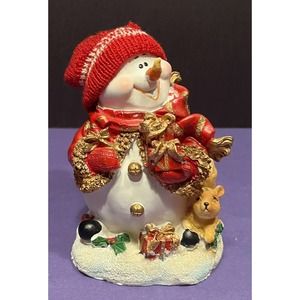 Vintage 5 3/4” Resin Snowman with Knit Toboggan Hat Christmas Winter Figurine